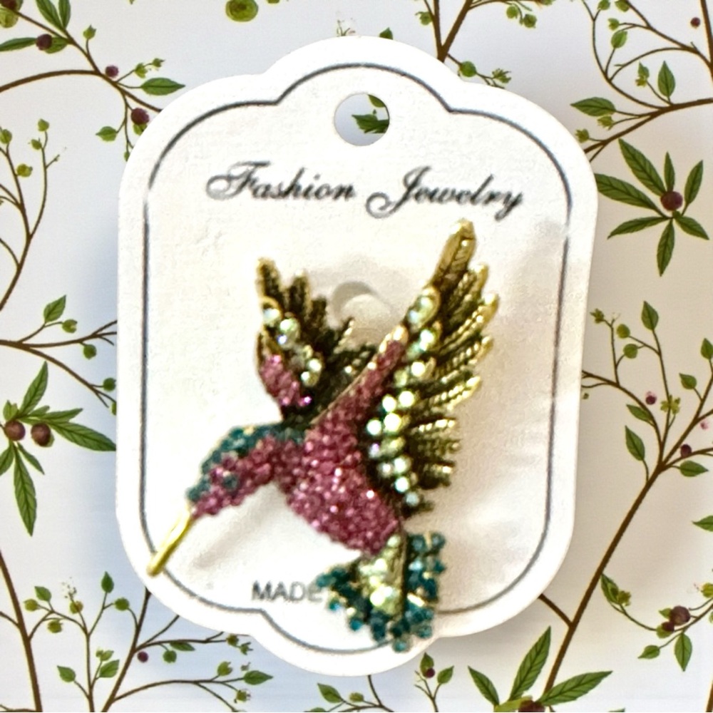 Colorful Hummingbird Brooch with Purple‎ & Green Crystals NWT